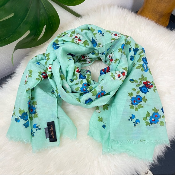 Coach Cotton Silk Blend Mint Green Lightweight Soft Floral Oblong Scarf 25”x80” - Picture 1 of 10